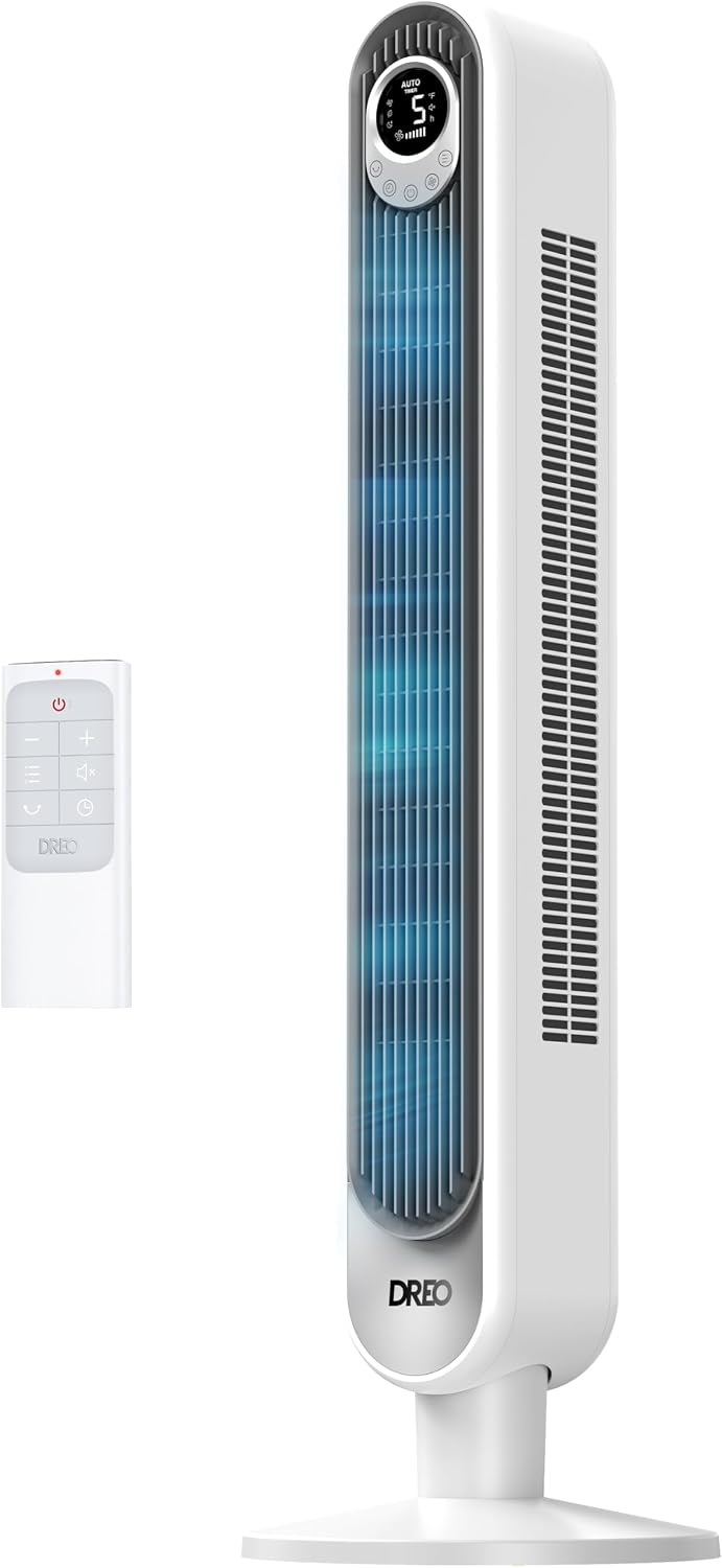 DREO Tower Fan 28ft/s Velocity 20dB Ultra Quiet 8 Speeds 90° Oscillating Bladeless Floor Fan with Remote