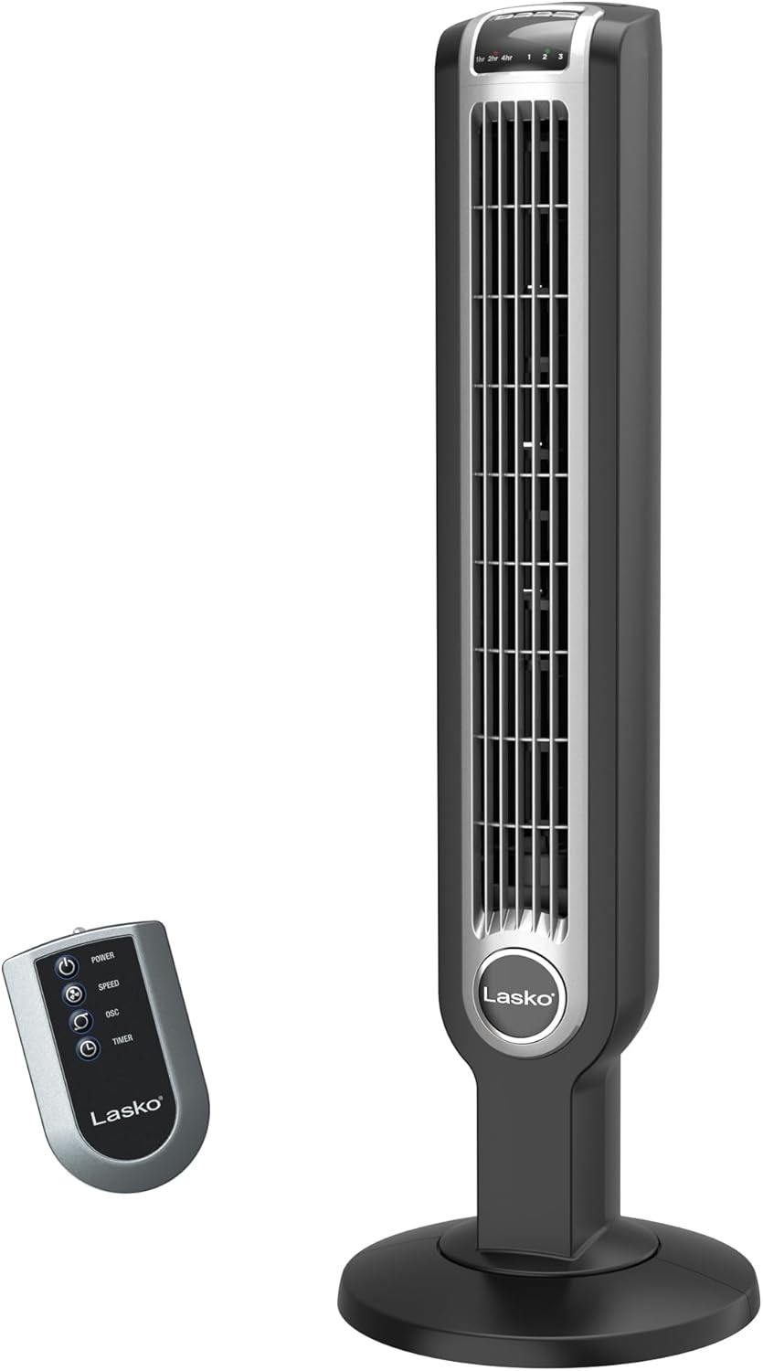 Lasko 36-Inch Tower Fan Oscillating Remote Control 3 Speeds Timer Quiet Black
