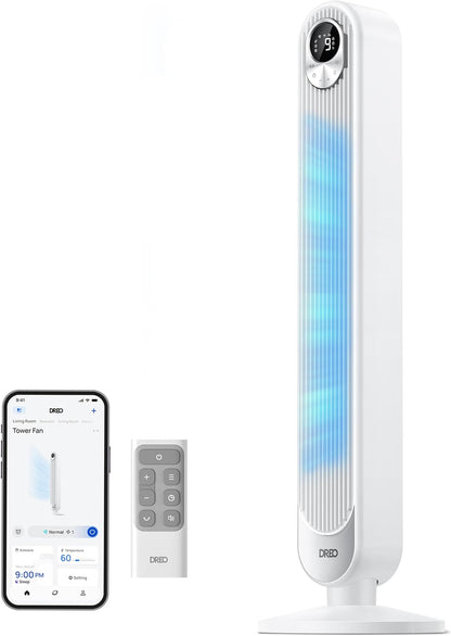 DREO Tower Fan 28ft/s Velocity 20dB Ultra Quiet 8 Speeds 90° Oscillating Bladeless Floor Fan with Remote