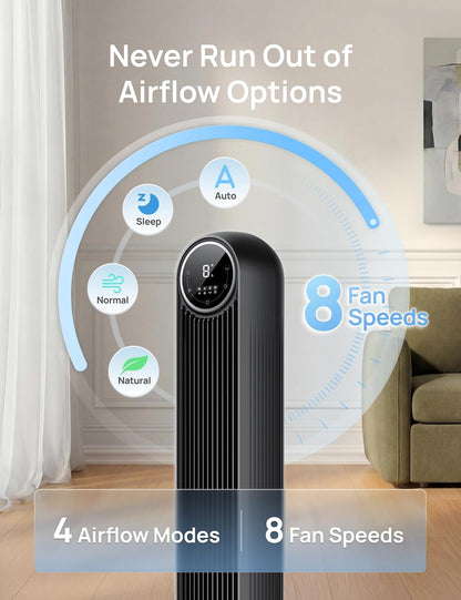 DREO Tower Fan 28ft/s Velocity 20dB Ultra Quiet 8 Speeds 90° Oscillating Bladeless Floor Fan with Remote