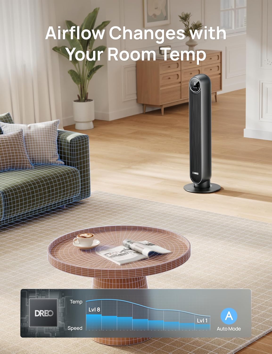 DREO Tower Fan 28ft/s Velocity 20dB Ultra Quiet 8 Speeds 90° Oscillating Bladeless Floor Fan with Remote