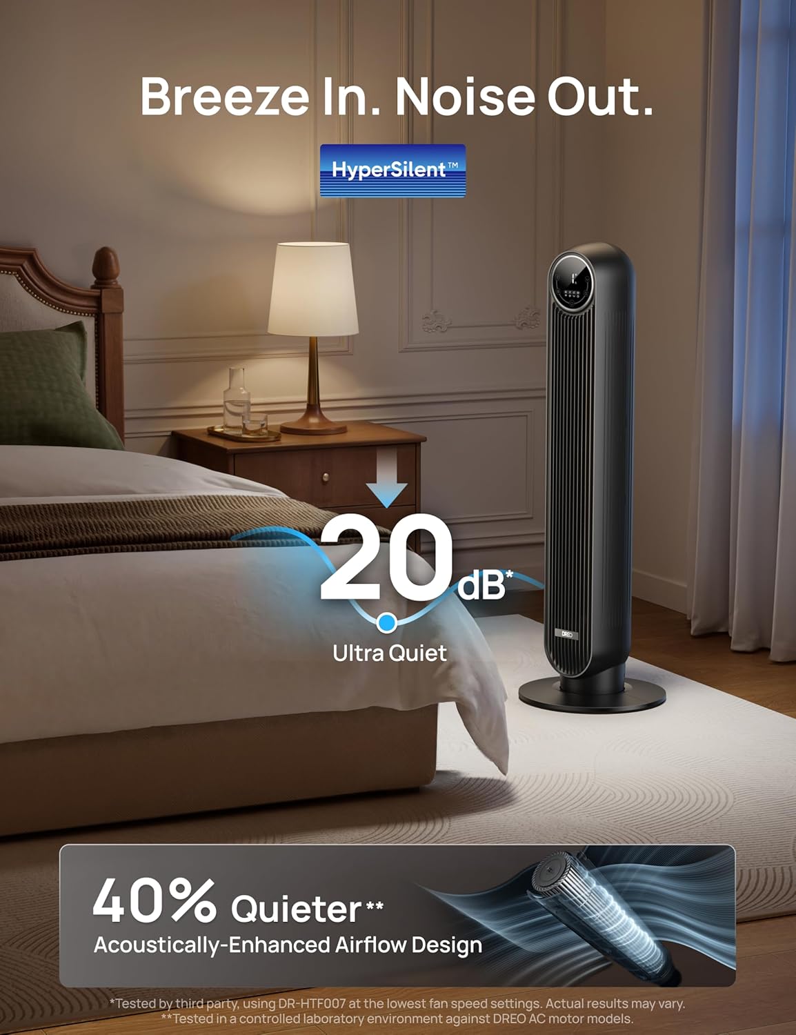 DREO Tower Fan 28ft/s Velocity 20dB Ultra Quiet 8 Speeds 90° Oscillating Bladeless Floor Fan with Remote