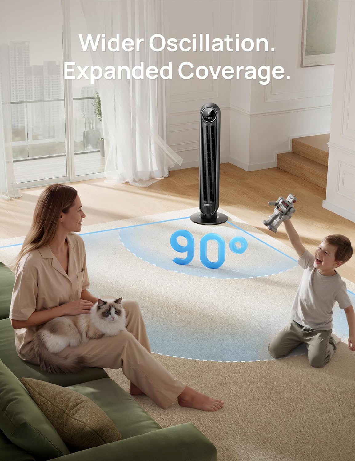 DREO Tower Fan 28ft/s Velocity 20dB Ultra Quiet 8 Speeds 90° Oscillating Bladeless Floor Fan with Remote