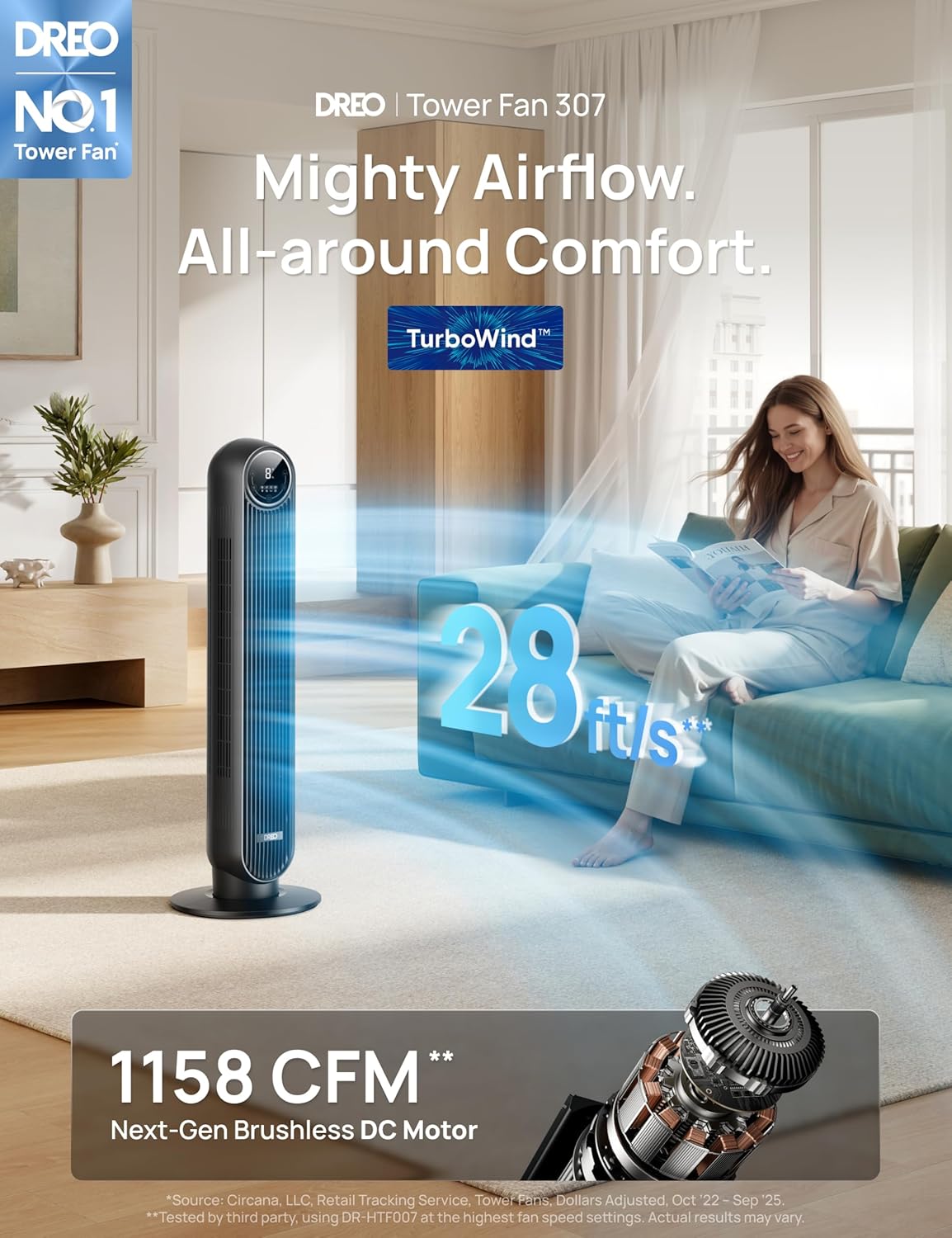 DREO Tower Fan 28ft/s Velocity 20dB Ultra Quiet 8 Speeds 90° Oscillating Bladeless Floor Fan with Remote