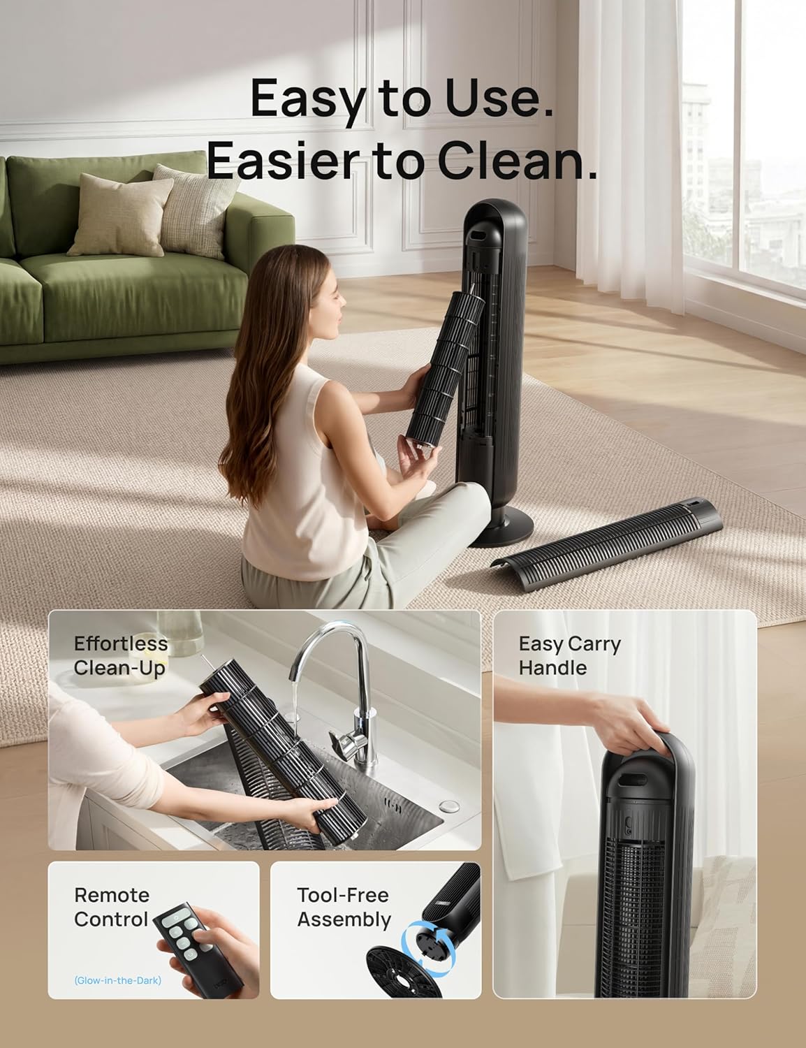 DREO Tower Fan 28ft/s Velocity 20dB Ultra Quiet 8 Speeds 90° Oscillating Bladeless Floor Fan with Remote